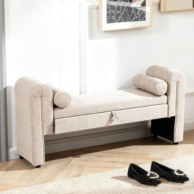 65" Velvet Button Tufted Storage Ottoman Bench Wood Legs Bedroom (Oatmeal)