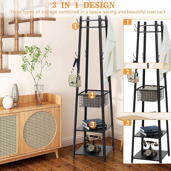 VECELO Coat Rack Freestanding,Hall Tree with Metal Basket and Storage Shelves,Industrial Coat Rack Stand with 8 Hooks for Hanging Coats/Hats/Bags/Umbrellas,18 x 18 x 72 In,Matte Black