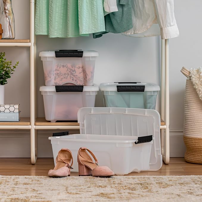 IRIS USA 4-Pack 13 Quart Storage Bins with Lids, Pearl | Conceals contents for a clean look. Ideal for shoes, photos, documents, and small essentials. Nestable design saves space