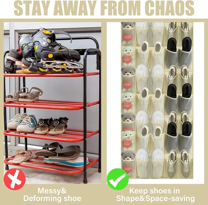 Windyun 40 Pocket Over The Door Shoe Organizer, Large Breathable Mesh Hanging Shoe Rack for Closet, Space Saving Shoes Storage Holder Hanger for Dorm Room Bathroom Bedroom Entryway(Beige)