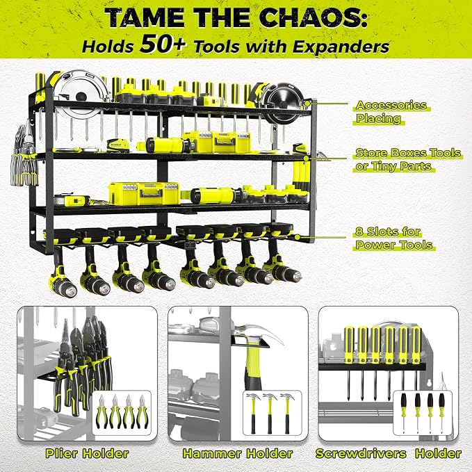 Power Tool Organizer-8 Drill Holder Wall Mount,4 Layer Heavy Duty Metal Power Tool Storage Rack,Garage Tool Organizer and Storage with Screwdriver Holder/Plier Holder/Hammer Holder