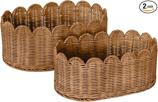 BEBE BASK Premium Scalloped Basket Set of 2 (16x10x7 In) - Storage Baskets | Handwoven Rattan, Scallop Basket, Wicker Basket With Scalloped Edge, Nursery Storage, Set of 2, Mocca