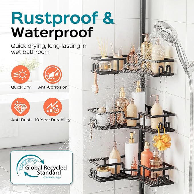 HAMITOR Shower Caddy Tension Pole: 4-Tier Adjustable Corner Organizer Black | Heavy Duty Rustproof L-Shaped Shelves- No Drilling Space-Saving Storage Rack for Family & Renters- 47.72-123.6 inch