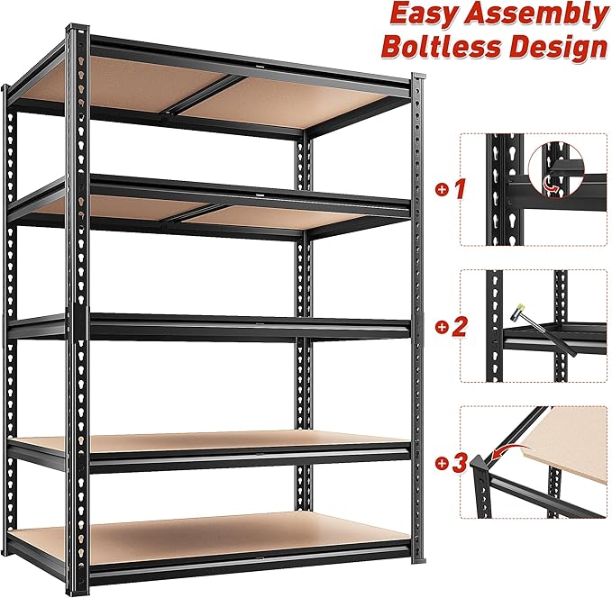 REIBII 2400LBS Storage Shelves 5 Tier Garage Shelving Heavy Duty, Adjustable Metal Shelving, Garage Shelves for Basement, Warehouse, Pantry, Closet, Kitchen 72" H x 36" W x 16" D, Black, 3 Pack