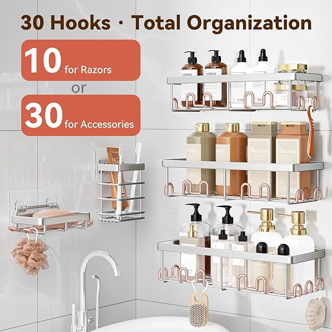 YASONIC Shower Caddy Adhesive, 100% Rustproof Shower Organizer with Soap and Toothbrush Holder, Large Capacity Shower Shelves for Inside Shower, No Drill Shower Storage for Home (5 Pack Silver)