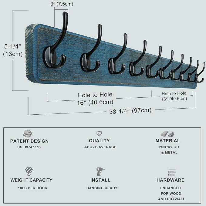 Coat Rack Wall: 38-1/4" Long, Patented, Heavy-Duty, 10-Double-Hooks Wooden Wall Mounted Coat Rack Coat Hanger Hook Rail for Winter Coats Hat Jacket Clothing, Weathered Blue