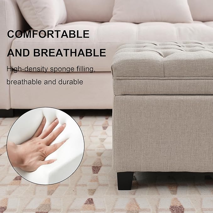 51" Storage Ottoman for Bedroom & Living Room, End of Bed Bench with Black Wooden Legs, Linen Upholstered Tufted Ottoman, Entryway Storage Bench, Beige