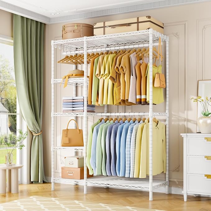 F2 Clothes Rack, 5 Tiers Heavy Duty Garment Rack for Bedroom | Freestanding Adjustable Closet Storage Organizer, Portable Clothing Wardrobe, 46.1"W x 15.4"D x 78.3"H, Load 630lbs, White