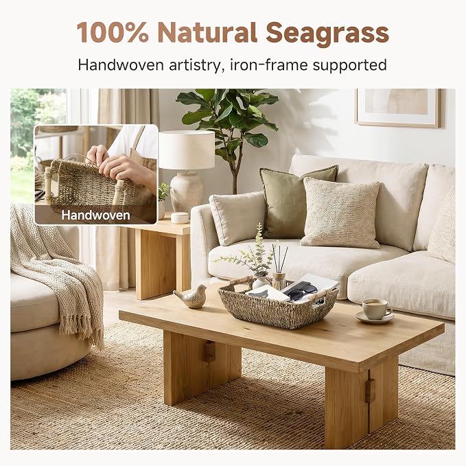 StorageWorks Hand-Woven Jumbo Storage Baskets with Wooden Handles, Seagrass Wicker Baskets for Organizing, 2-Pack