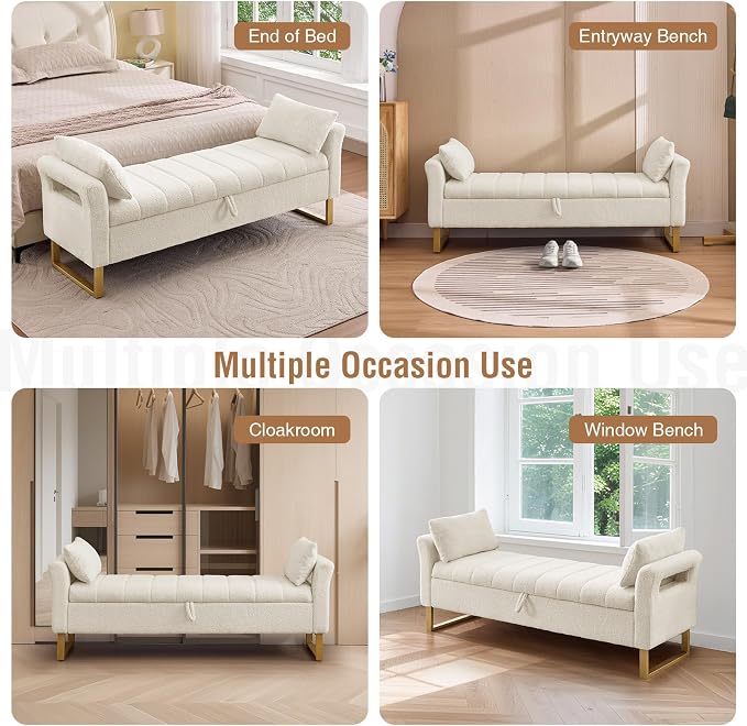 66" King Size Storage Bench for Bedroom End of Bed Benches with Storage | Bedroom Benches for Foot of Bed King with Gold Legs,2 Pillows,Storage Ottoman Bench for Bedroom,Entryway Teddy Ivory White