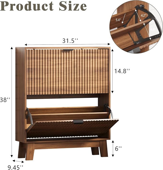 Shoe Cabinet Storage for Entryway with 2 Flip Drawers, Fluted Narrow Shoe Organizer with Wooden Legs, Freestanding Slim Shoe Storage Hidden Shoe Rack Organizer for Front Door Entrance, Walnut
