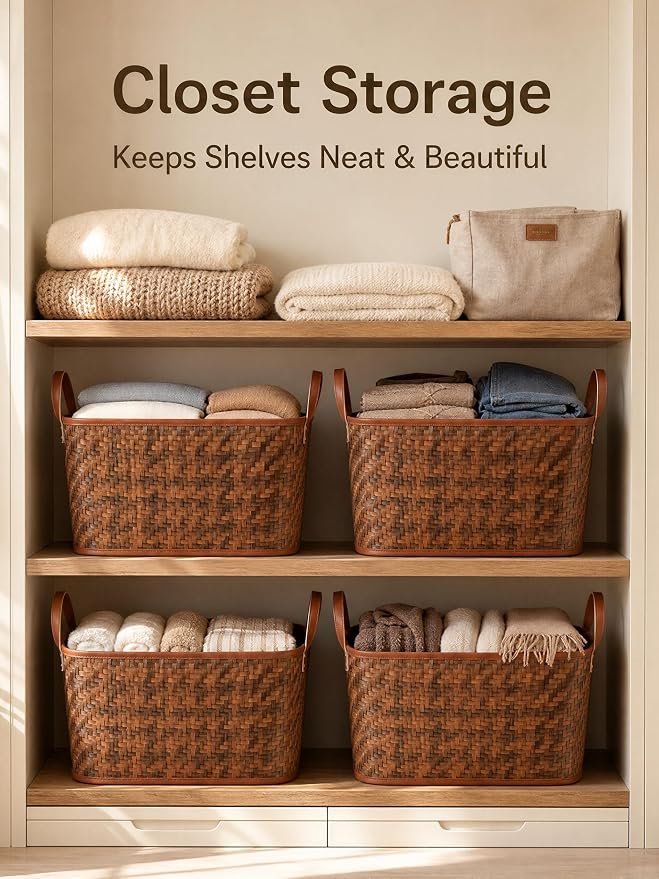 BROWNLILY Oversized Storage Baskets Laundry Hampers with Structured Frame & Supported Bottom, Extra Large Closet Bins for Shelves Blankets Car Bedroom Bathroom Organizers (Pack of 4, Brown)