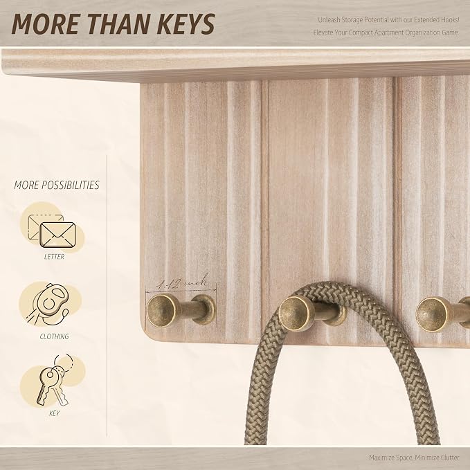 Rebee Vision Key Holder Wall Mount with 4 Hooks for Entryway, Natural Wood | Key and Mail Holder for Wall, Mini Floating Shelf, Mail Organizer, Perfect for Apartment Essentials, Compact Storage