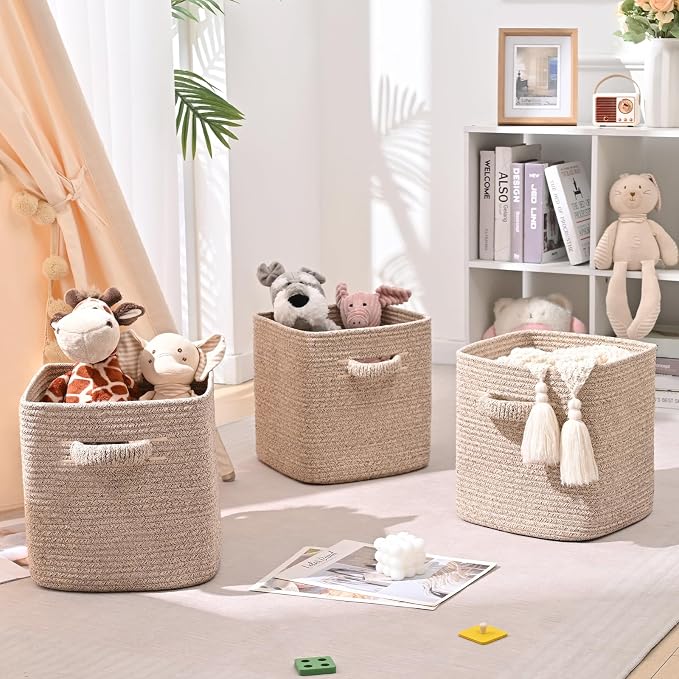 12 Inch Storage Cubes, 3 Pack Cube Storage Bins for Organizing, Cotton Rope Woven Baskets for Shelves, Bathroom, Kids Room, Closets, Baby Nursery