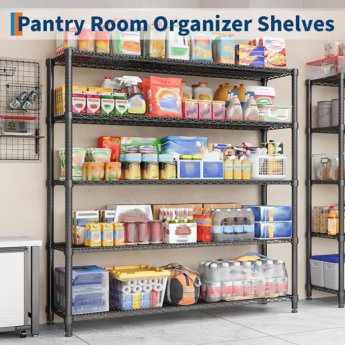 Garvee Storage Shelves, 5-Tier Metal Shelving Units with Wheels, 73" H x 59" W x 17.1" D, 3300 LBS Heavy Duty Wire Shelving Rolling Rack for Garage Kitchen Home Basement, Adjustable, Black