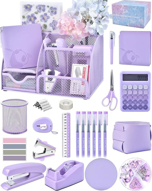 23pc Purple Desk Accessories and Organizers with Mesh Organizer Stapler Tape Dispenser Calculator and a Lot of Office Purple Office Supplies Beautifully Presented in a Gift Box