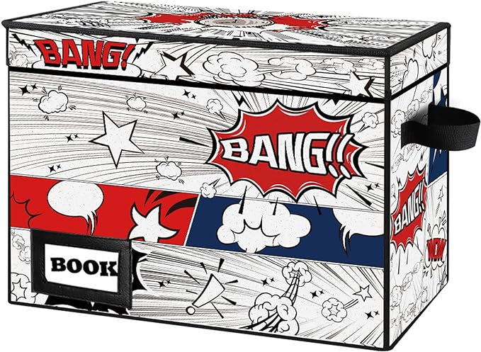 Comic Book Storage Box, 15.8" X 7.8" X 11.8", Heavy Duty Collapsible Holds 160-180 Comic Book Bin Container Holder Shelf (Cartoon Clock)