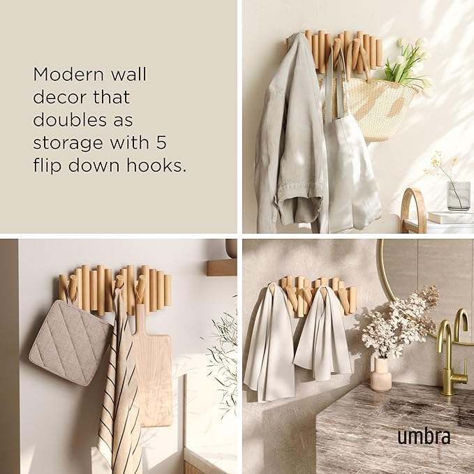 Umbra Picket Coat Rack, Wall Mount 5 Flip-Down Coat Hooks, Natural | Beveled pine wood dowels, supports up to 5 lbs, mounting hardware included, space saving