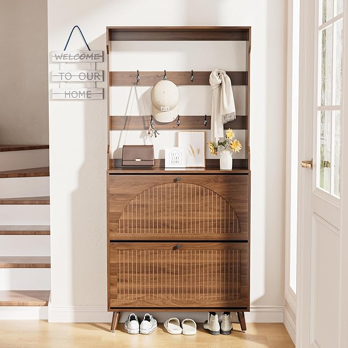 Fsbecl Shoe Cabinet for Entryway with 2 Flip Drawers & Coat Rack, Narrow Hidden Shoe Storage Cabinet with Fluted Panel, 2-in-1 Hall Tree Slim Freestanding Shoe Rack Organizer for Hallway
