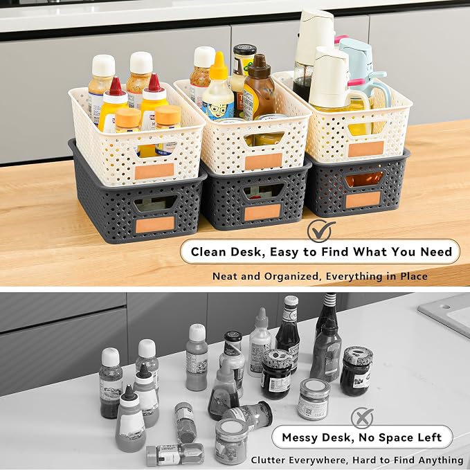 10 Pack Small Plastic Storage Bins with Lids, Stackable Plastic Storage Baskets for Organizing with Handles, Organizer Bins with Labels for Room, Craft, Containers for Pantry Organizers and Storage