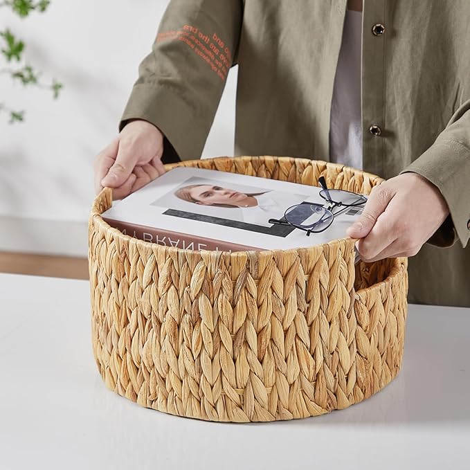 Wicker Storage Basket, Hand-Woven Water Hyacinth Large Round Woven Basket With Handles, Wicker Baskets for Organizing/Storage, 3-Pack
