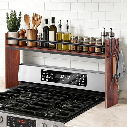 Spice Rack Shelf for Kitchen Stove, Over The Stove Shelf with 4 Hooks, Premium Wood & Metal Commbined Spice Rack Organizer Extra Storage Countertop (Walnut)