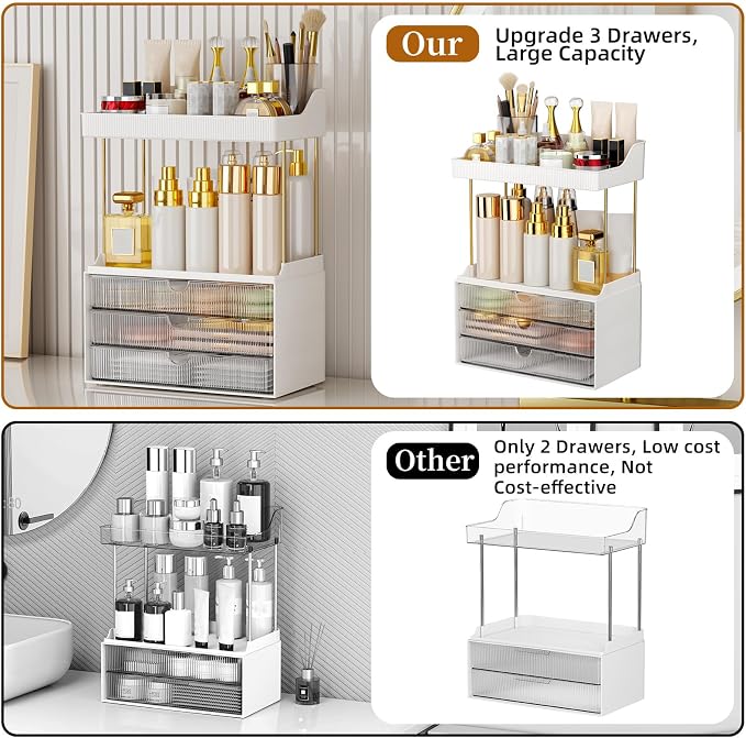 StorBin Arcylic 5-Tier Makeup & Skincare Organizer for Vanity, Bath | Smooth 3 drawers, clear body, gold frame, non-slip, for perfumes, serums, face masks, palettes, vanity & bath counter,Clear