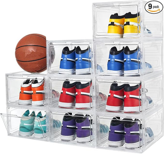 Attelite Shoe Storage Boxes X-Large Stackable Clear Shoe Organizer,9 Pack | Easy Assembly,Clear Display Box for Sneakers,Thicken & Sturdy Plastic,Magnetic Door,Drop Front Shoe Box