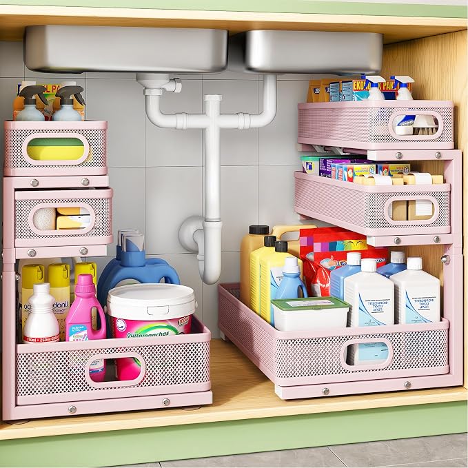 Kitstorack Under Sink Organizer, 2-Pack 3-Tier Height Adjustable Thickened Metal Pull out Cabinet Organizer Shelf, Slide out Storage Drawer Rack for Bathroom Kitchen Pantry Home Organization, Pink