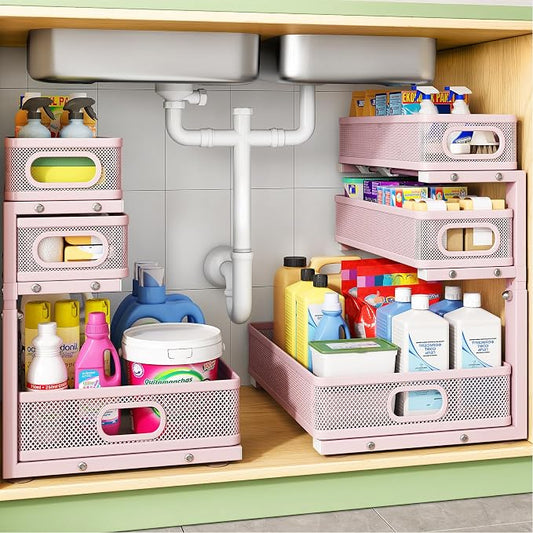 Kitstorack Under Sink Organizer, 2-Pack 3-Tier Height Adjustable Thickened Metal Pull out Cabinet Organizer Shelf, Slide out Storage Drawer Rack for Bathroom Kitchen Pantry Home Organization, Pink