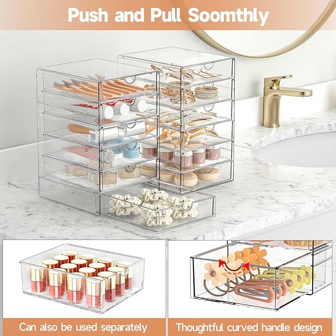 DOMNIU Acrylic Makeup Drawer Storage Organizer with 24 Drawers, 4 Set | Office Desk Organization and Storage, Dustproof Drawer Organizer for Makeup, Countertop, Jewelry, Desktop, Bathroom, Bedroom