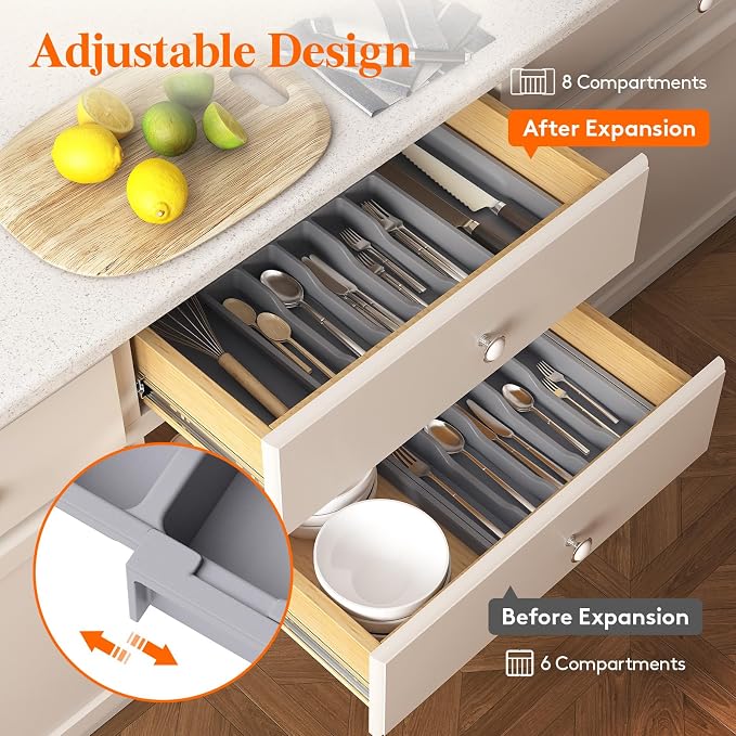 Lifewit Silverware Drawer Organizer, Expandable Utensil Tray for Kitchen, BPA Free Flatware and Cutlery Holder, Adjustable Plastic Storage for Spoons Forks Knives, 33 -57 x 42cm, Gray