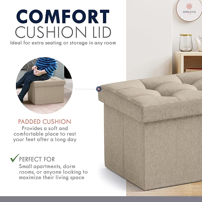 Ornavo Home Small Rectangle Ottoman Set of 2, Linen, 12x16x12, Taupe | Storage Collapsible Design; Foot Rest Stool Seat; Ideal for Living Room, Bedroom, Home Office or Dorm