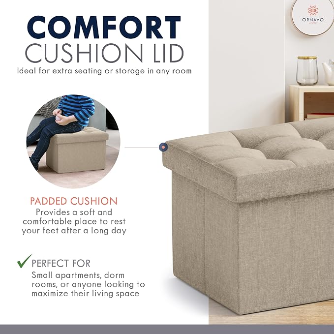 Ornavo Home Small Rectangle Storage Ottoman, Linen, 12x16x12, Taupe | Collapsible Cube Design; Foot Rest Stool Seat; Ideal for Living Room, Bedroom, Home Office or Dorm