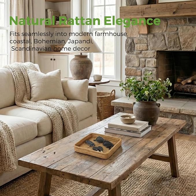 Rattan Serving Tray, Square Wicker Storage Basket for Organizing | Natural Rattan, Decorative Serving Woven Trays Wicker Baskets for Storage, Home Decor, Bathroom, Kitchen Counter