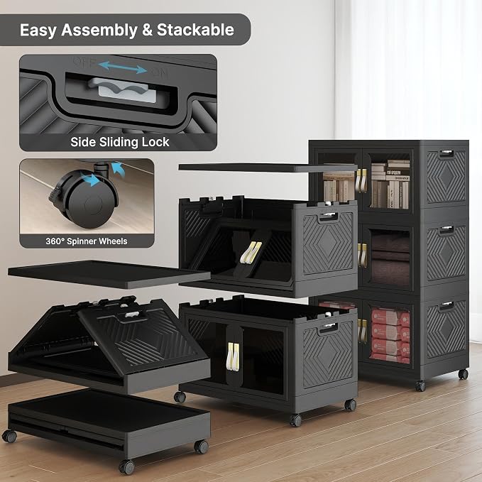 Stackable Storage Bins with Lids, 360QT Extra Large Storage Cabinet | Clear Doors, Foldable Storage Drawers, Heavy Duty, Collapsible Closet Organizers for Bedroom Office (3, Black, 120, Quarts)