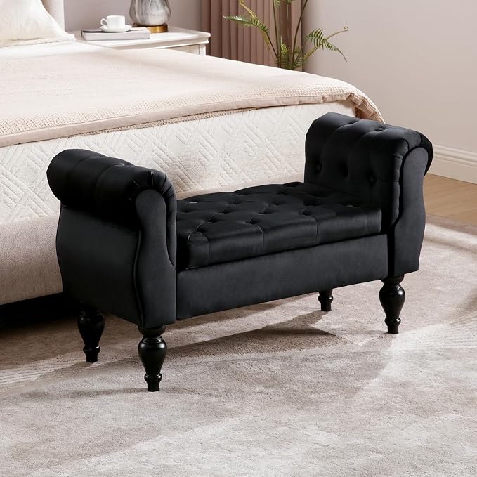 Storage Bench with Arms End of Bed Bench,Velvet Entryway Bench with Storage, Button Tufted Upholstered Ottoman Bench Wood Legs, Window Sitting Bench for Bedroom/Living Room/Hallway, Black