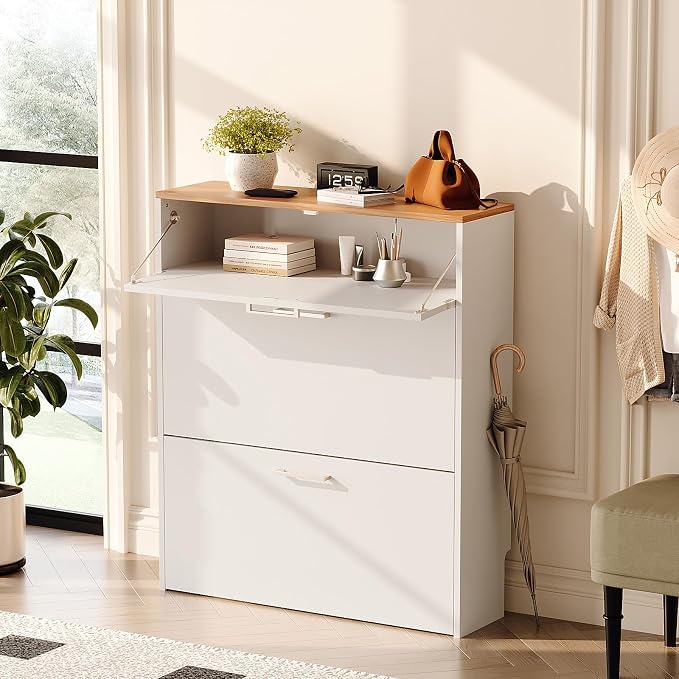 VINGLI Shoe Cabinet for Entryway, Slim Shoe Rack Storage Organizer with 3 Flip Drawers, Modern White Hidden Shoe Shelf with Oak Top, Narrow Free Standing Sneaker Cabinet for Hallway, 9.5" Depth