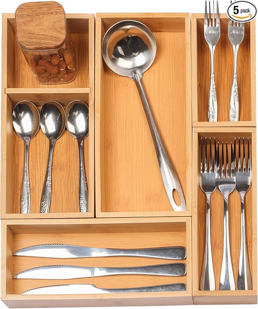 Vincona Bamboo Drawer Organizers Set, 5-Piece Multi-Use Wood Storage Organizers, Desk Drawer Tray for Kitchen, Bathroom, Office, Dresser, Bamboo Box Bin for Jewelry, Makeup, Junk, Gadgets