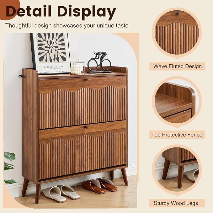 BERRYMERRY 31.5" Fluted Walnut Shoe Storage Cabinet with 2 Flip Drawers | narrow,entryway,adjustable feet,24 pairs shoe,shoe organize,hidden shoe rack,fluted panel,wave pattern,wood,space saving