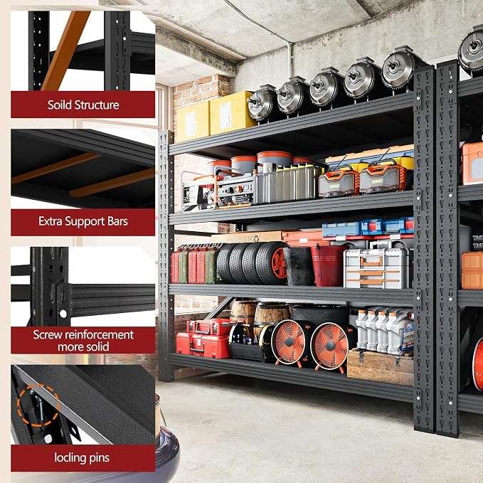 RAVIGIN 5000LBS Storage Shelves,60" W Garage Shelving Heavy Duty Metal Adjustable Garage Shelves, Shelving Units Industrial Shelving for Warehouse,60" W x 24" D x 70" H,Black