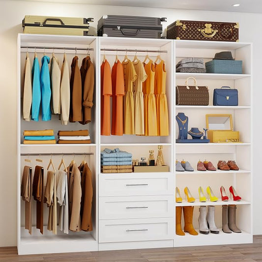 Closet System of 3 Sets, 6-15FT Closet Organizer System Wood with 3 Drawers & 7 Shelves, Walk in Closet Organizer Shelving System with 6 Hanging Rods, Modular Closet System Kits Adjustable, White