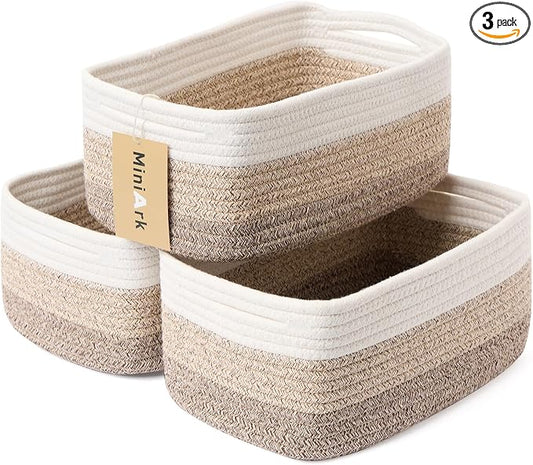 MiniArk Small Storage Baskets for Organizing | Closet Organizer Bins | Shelf Toy Basket | Woven Rope Baskets | Cube Decorative Box | Shallow Basket | 13x8.5x5.1” | 3 Packs Gradient Brown