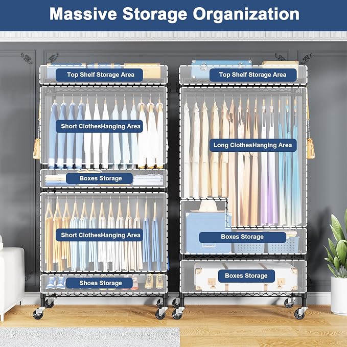 ULIFHOME P8C Heavy Duty Clothes Rack（With Extended Width Design） Rolling Clothing Racks for Hanging Clothes with Lockable Wheels，31.5" W x 15.8" D x 80.5" H，Max Load 600LBS，Black Rack with Black Cover