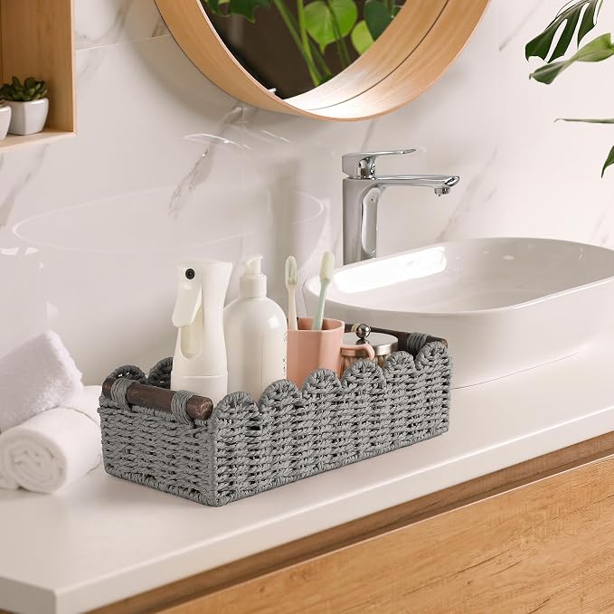 Bathroom Decor Basket for Toilet Paper Storage Baskets For Organizing | For Bedroom Living Room Kitchen Home Decor Scalloped Cute Basekt With Handle for Apartment Countertop,Gray