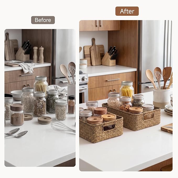StorageWorks Wicker Baskets for Organizing, Woven Baskets for Storage | Seagrass, Pantry, Bathroom, Kitchen Closet, Table, Decorative, Book, Towel, Magazine, Food, Small, Medium, Rattan, Handle