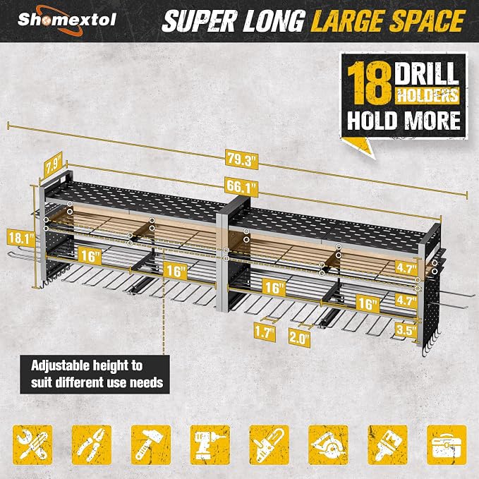 66" W Power Tool Organizer Wall Mount,4-Layer,18 Cordless Drills | Large Tool Storage Rack, Heavy Duty 600 lb Load Capacity for Garage Workshop, Black, Gift for Men