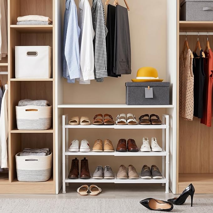 Shoe Rack, Expandable Shoe Rack for Closet, Adjustable Shoe Organizer for Entryway, Shoe Storage Organizer for Door Entrance, Garage, Bedroom (White, 3-Tier)