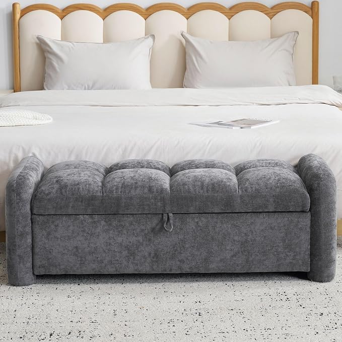 Oversized Chenille Ottoman Bench with Storage, Upholstered End of Bed Bench for Bedroom, Ottoman Foot Rest for Living Room, Dark Grey