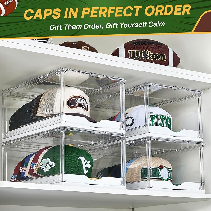 Vtopmart 6 Pack Stackable Baseball Caps Organizer, Each Holds 12 hats | with Sliding Drawer, Magnetic Door, Stackable, Transparent